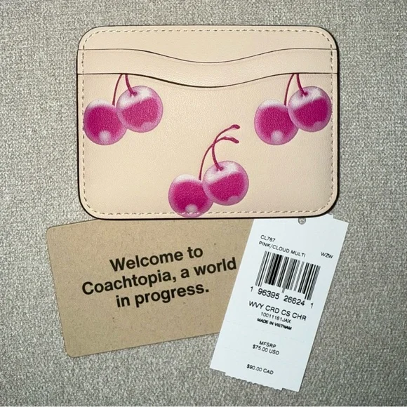 NWT Coach Wavy Card Case In Coachtopia Leather With Cherry Print - Picture 5 of 8